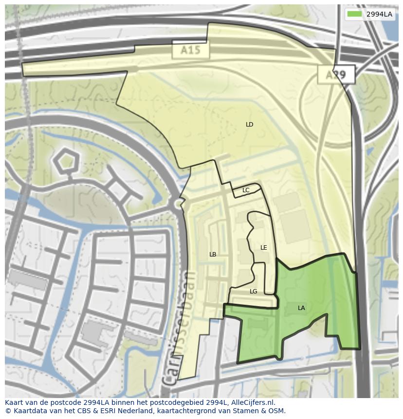 Afbeelding van het postcodegebied 2994 LA op de kaart.