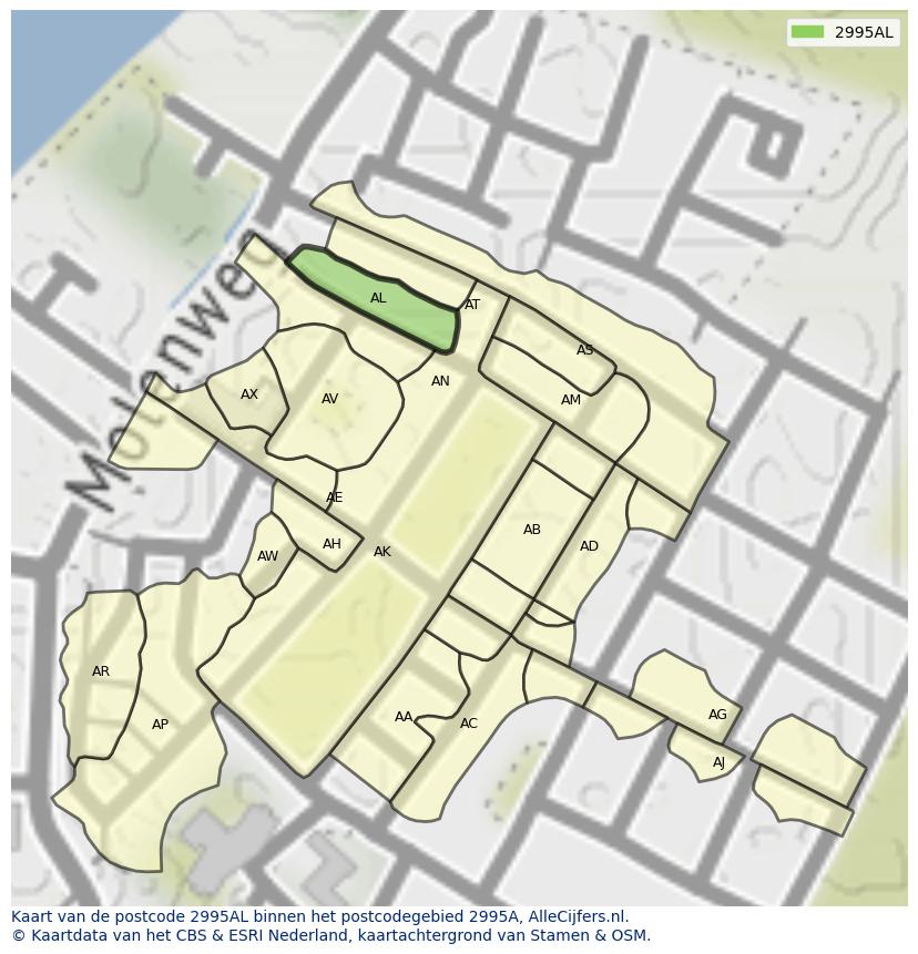 Afbeelding van het postcodegebied 2995 AL op de kaart.
