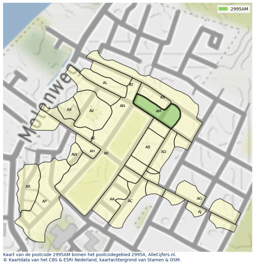 Afbeelding van het postcodegebied 2995 AM op de kaart.