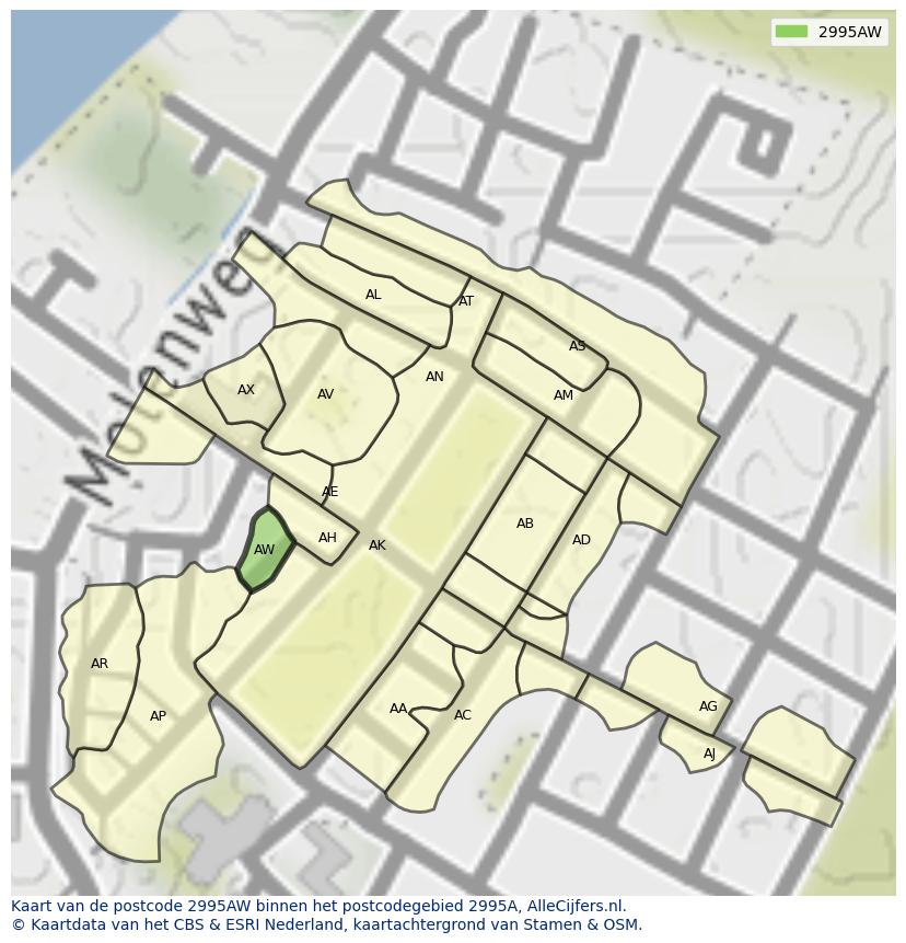 Afbeelding van het postcodegebied 2995 AW op de kaart.