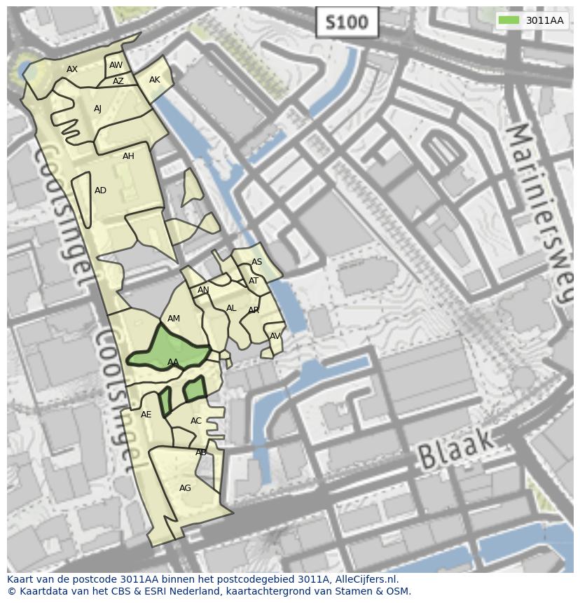 Afbeelding van het postcodegebied 3011 AA op de kaart.