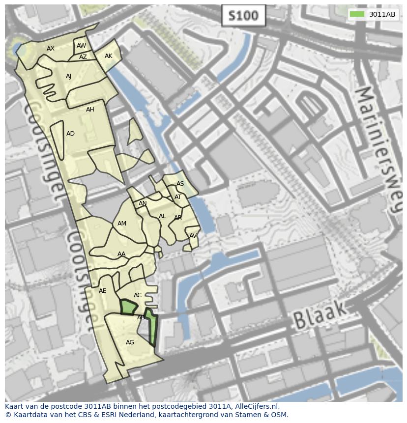 Afbeelding van het postcodegebied 3011 AB op de kaart.