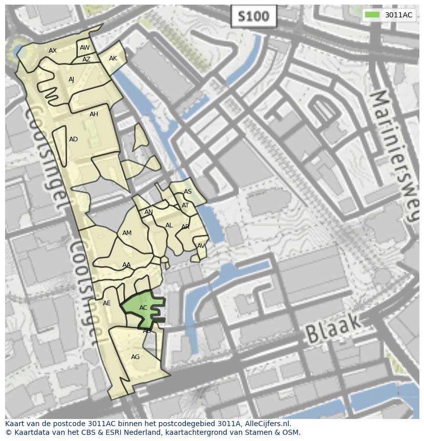 Afbeelding van het postcodegebied 3011 AC op de kaart.