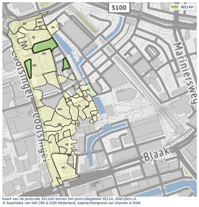 Afbeelding van het postcodegebied 3011 AH op de kaart.