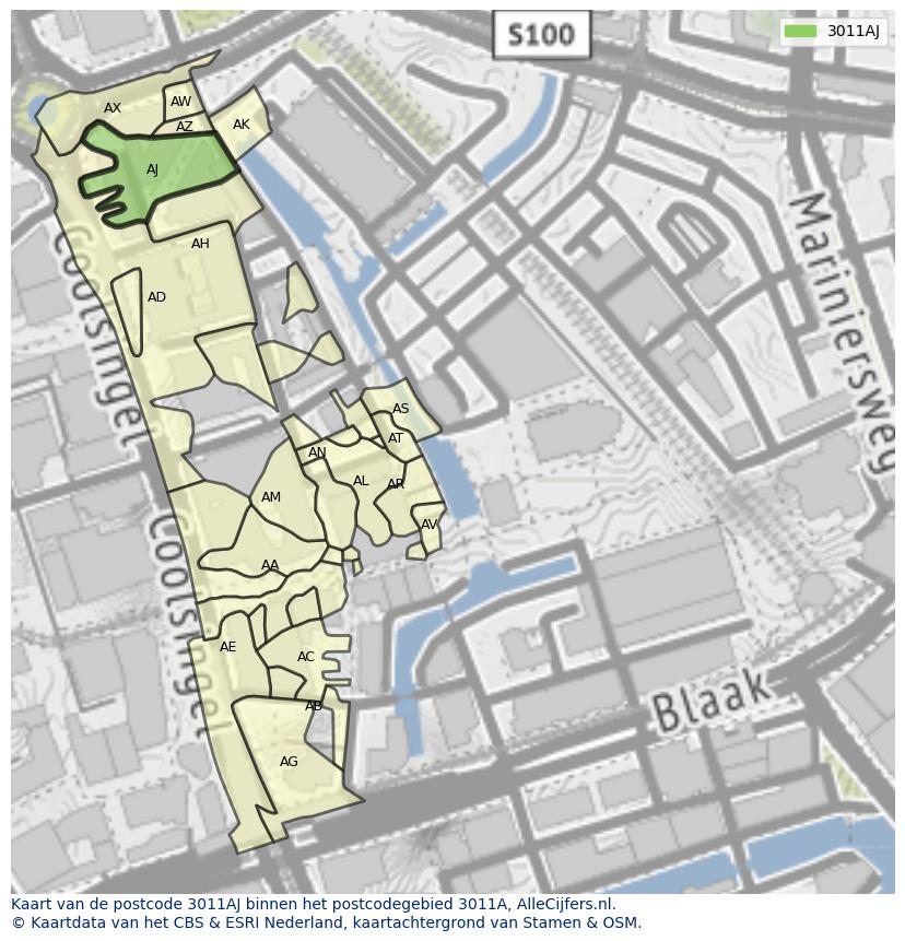 Afbeelding van het postcodegebied 3011 AJ op de kaart.