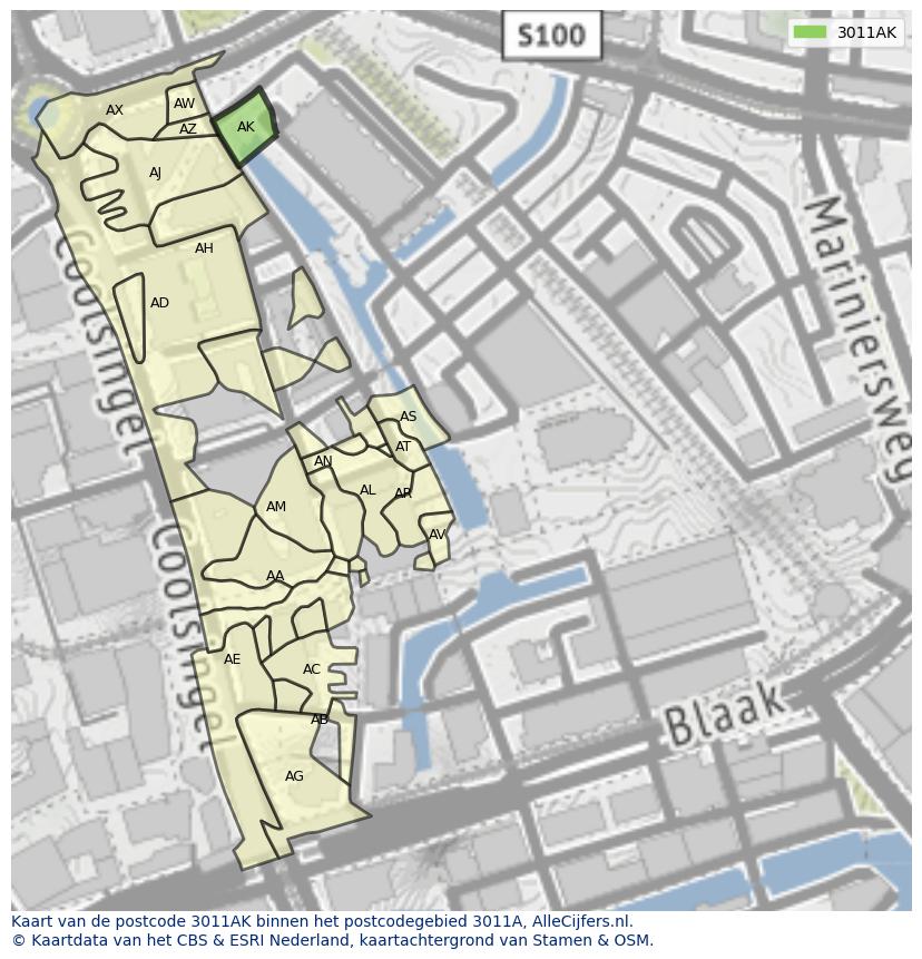 Afbeelding van het postcodegebied 3011 AK op de kaart.