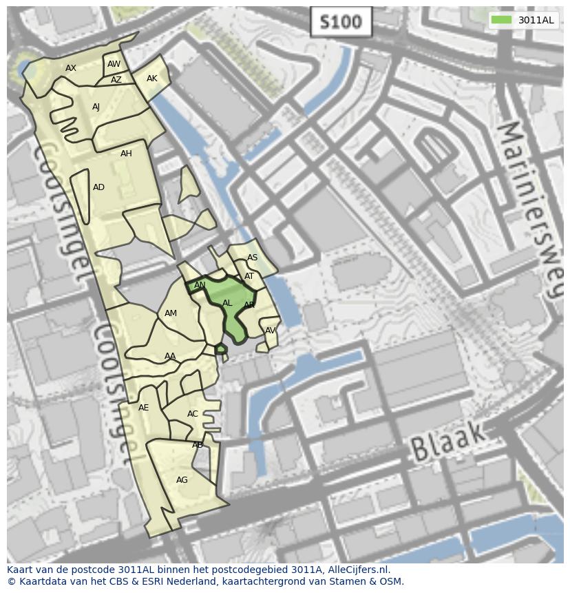 Afbeelding van het postcodegebied 3011 AL op de kaart.