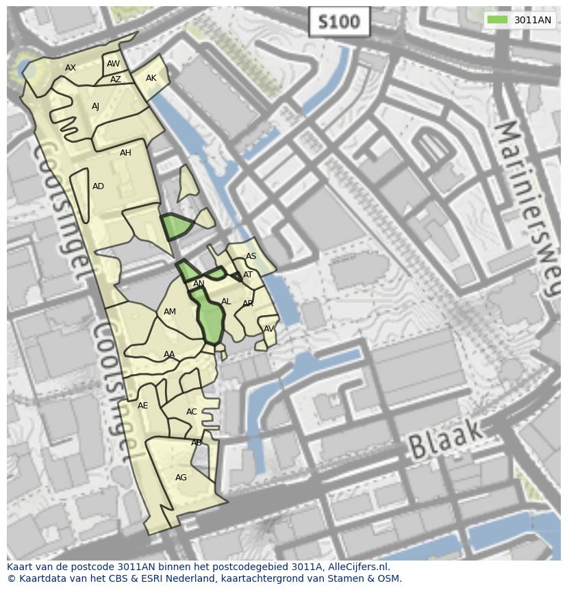 Afbeelding van het postcodegebied 3011 AN op de kaart.