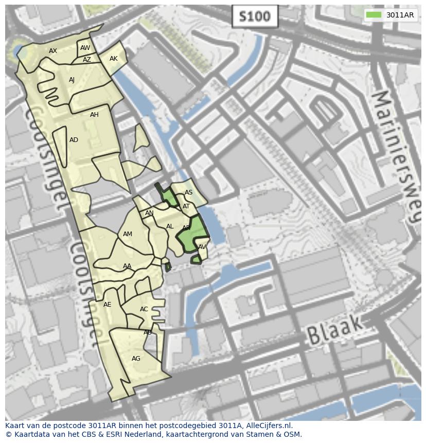 Afbeelding van het postcodegebied 3011 AR op de kaart.