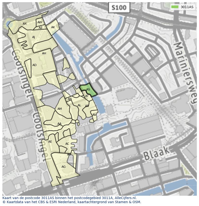 Afbeelding van het postcodegebied 3011 AS op de kaart.