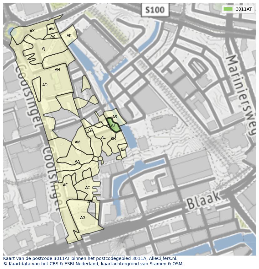 Afbeelding van het postcodegebied 3011 AT op de kaart.