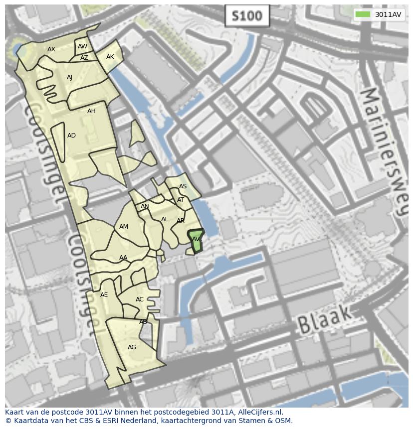 Afbeelding van het postcodegebied 3011 AV op de kaart.
