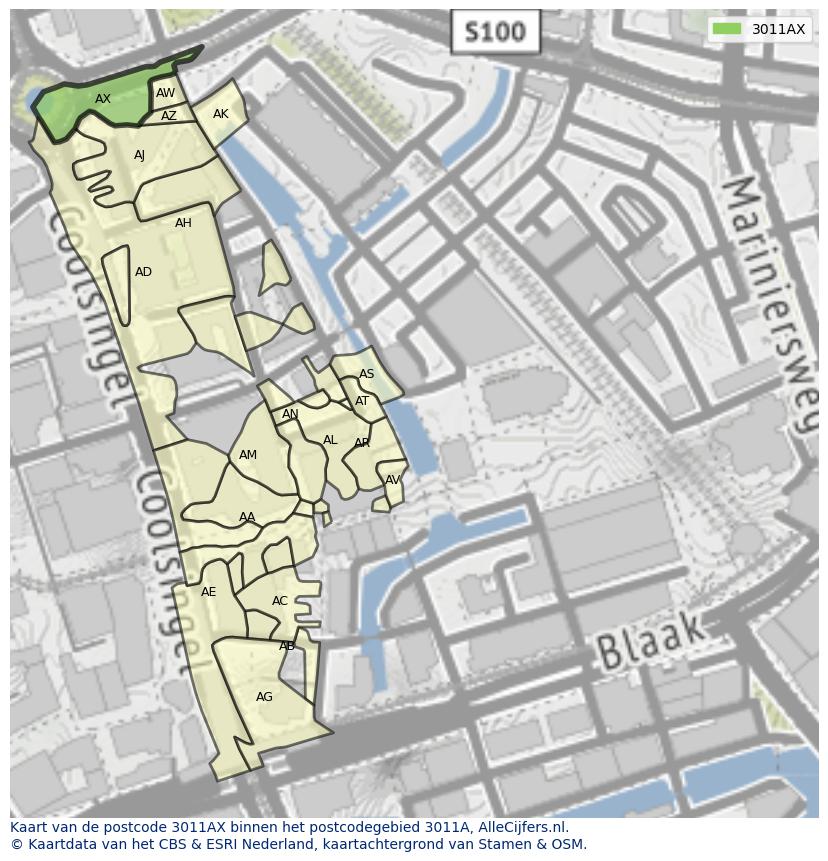 Afbeelding van het postcodegebied 3011 AX op de kaart.