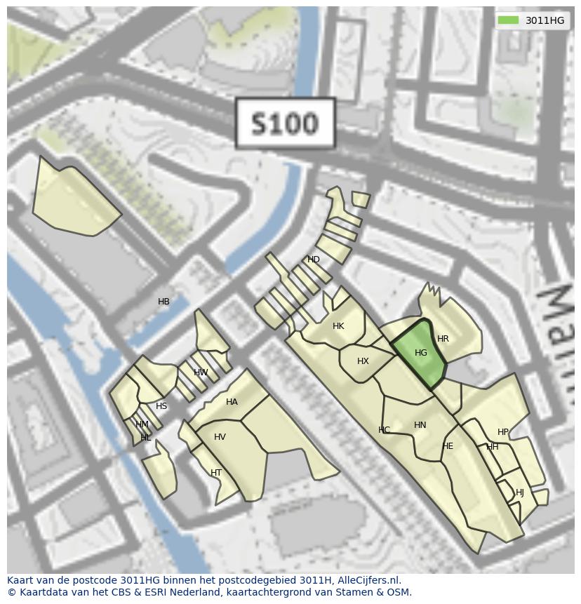 Afbeelding van het postcodegebied 3011 HG op de kaart.