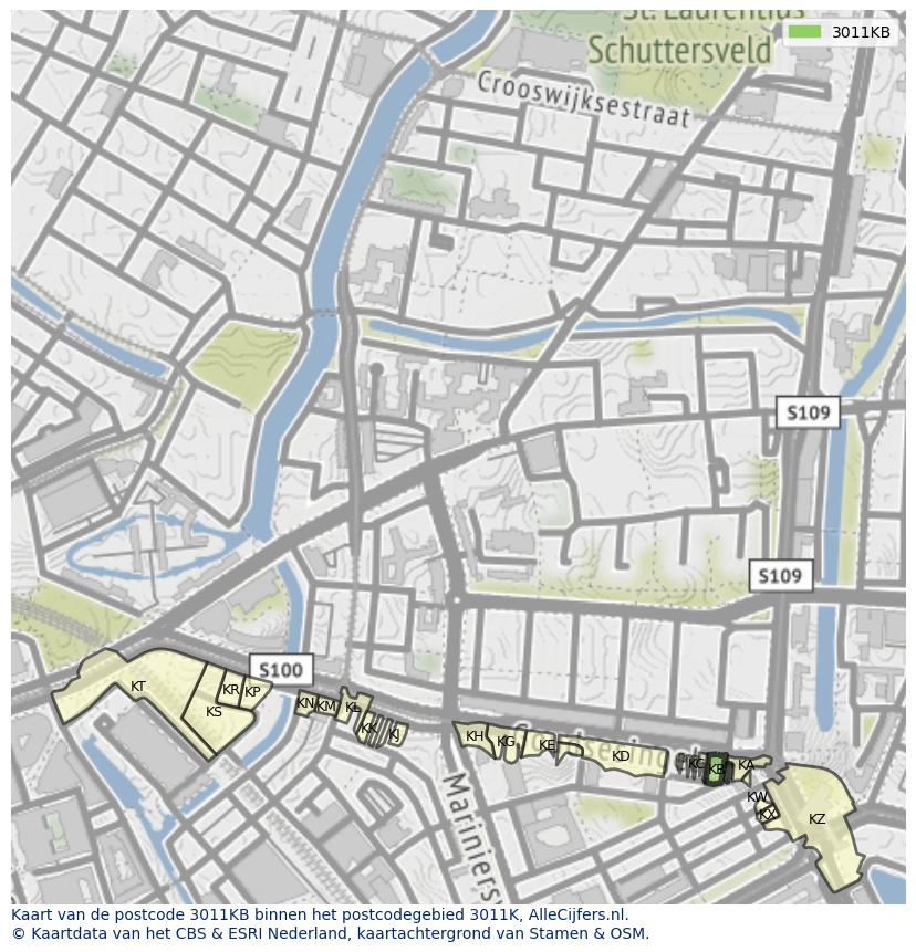 Afbeelding van het postcodegebied 3011 KB op de kaart.
