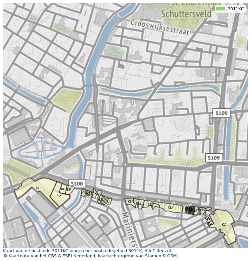 Afbeelding van het postcodegebied 3011 KC op de kaart.