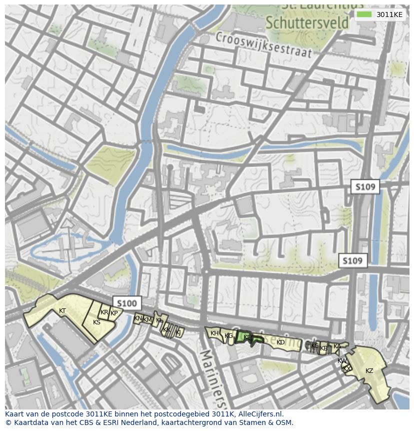 Afbeelding van het postcodegebied 3011 KE op de kaart.