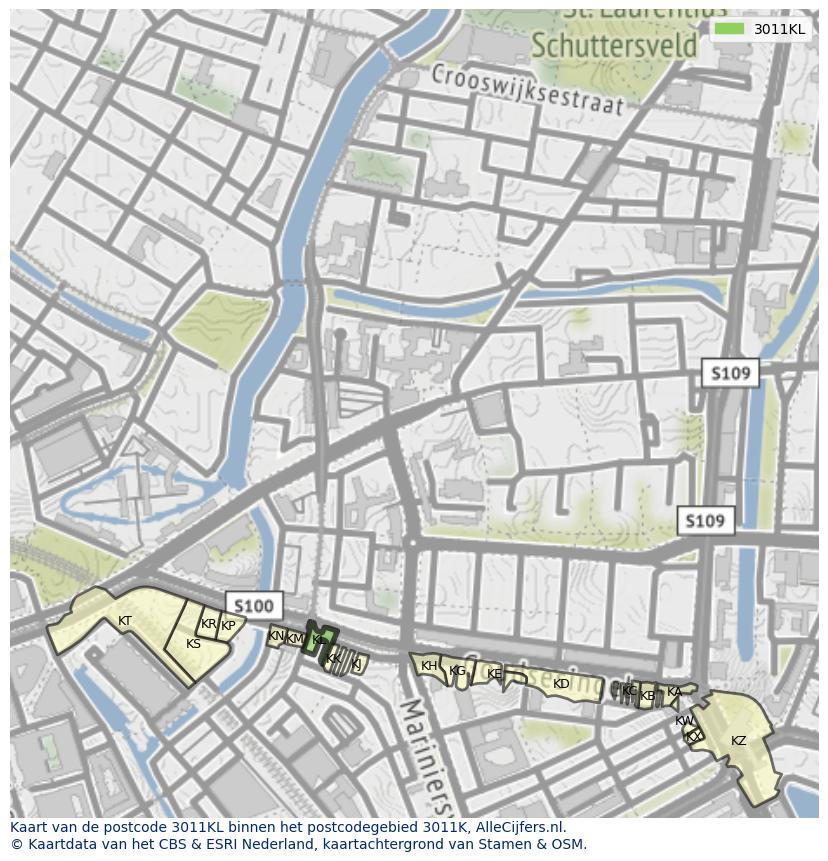 Afbeelding van het postcodegebied 3011 KL op de kaart.