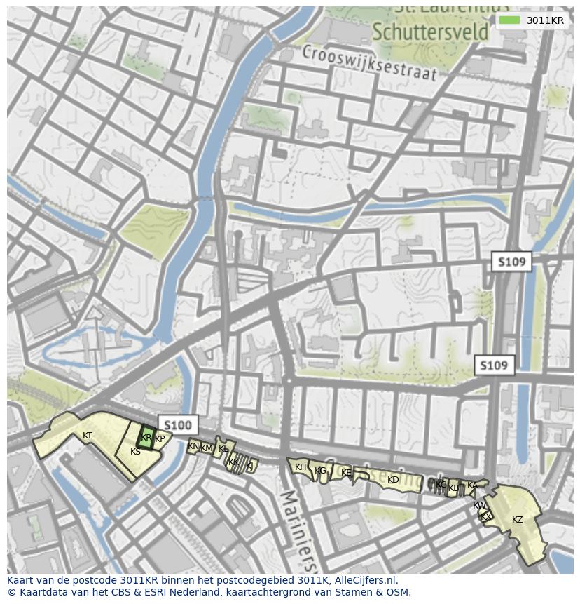 Afbeelding van het postcodegebied 3011 KR op de kaart.