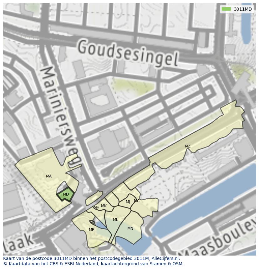 Afbeelding van het postcodegebied 3011 MD op de kaart.