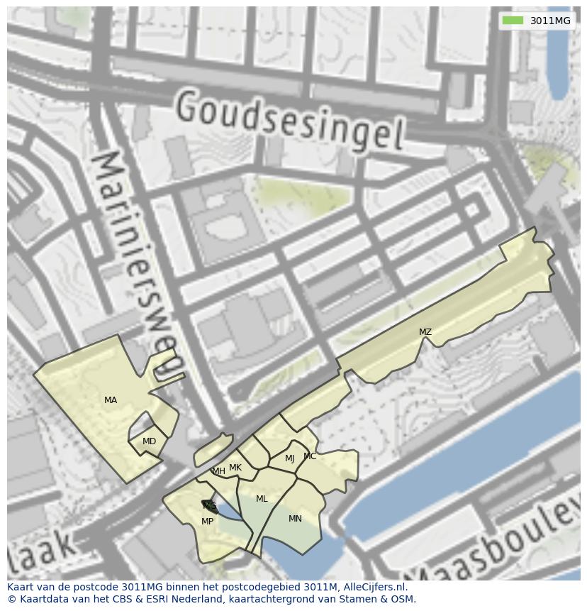 Afbeelding van het postcodegebied 3011 MG op de kaart.