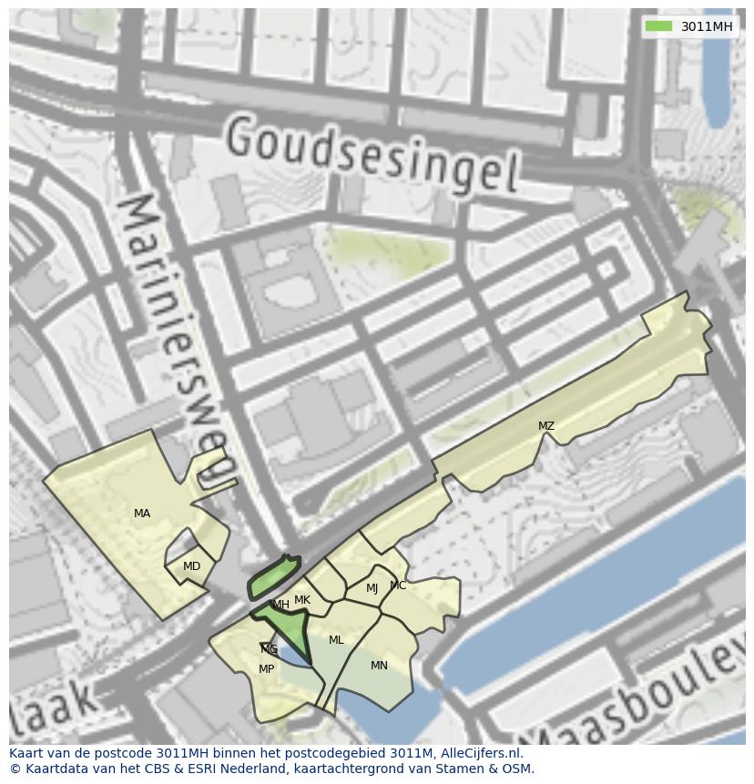 Afbeelding van het postcodegebied 3011 MH op de kaart.