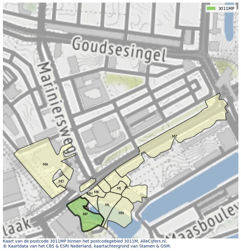 Afbeelding van het postcodegebied 3011 MP op de kaart.