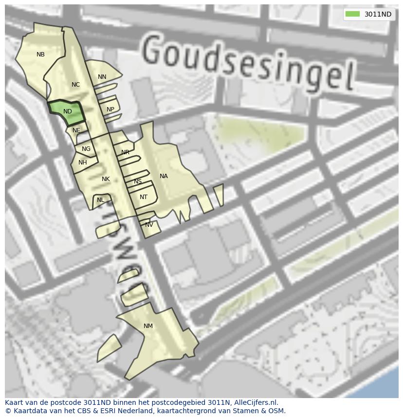 Afbeelding van het postcodegebied 3011 ND op de kaart.