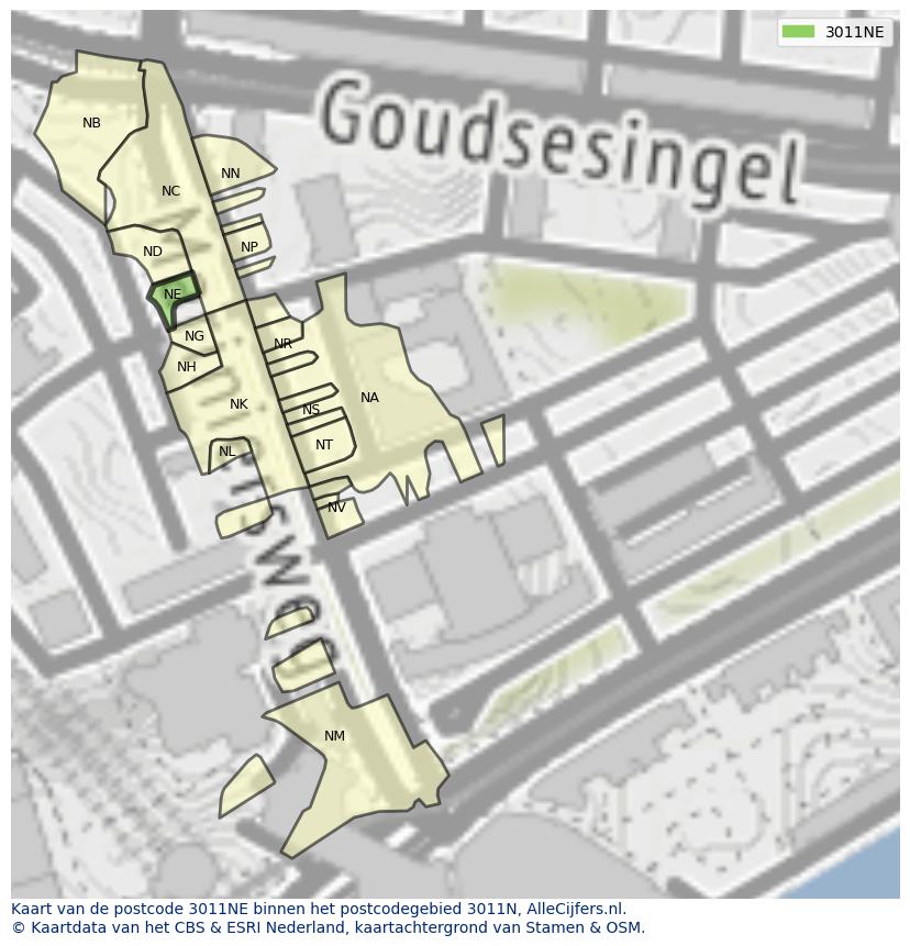 Afbeelding van het postcodegebied 3011 NE op de kaart.