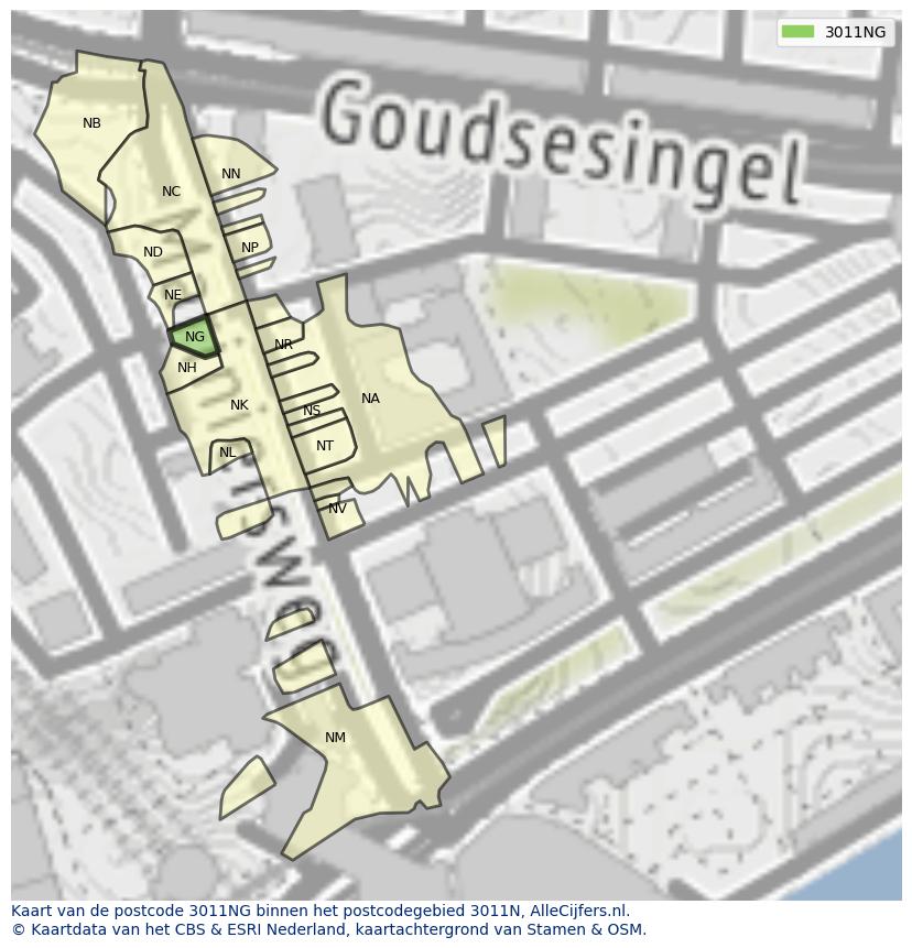 Afbeelding van het postcodegebied 3011 NG op de kaart.