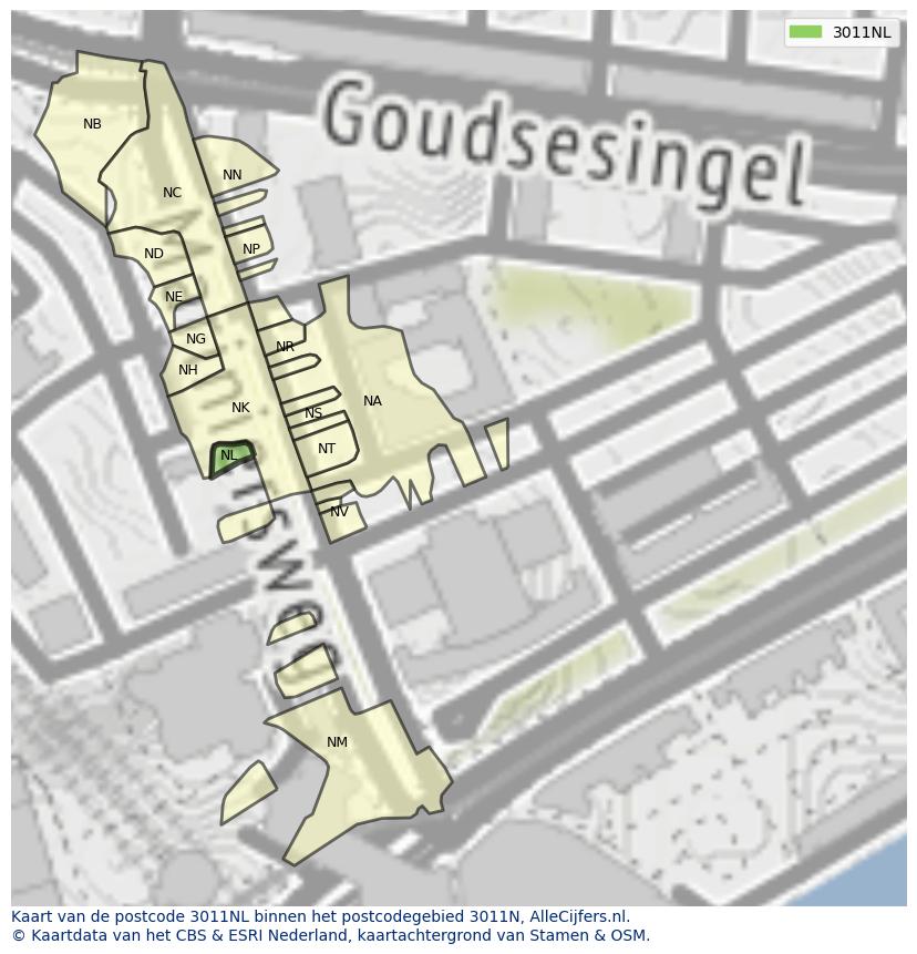 Afbeelding van het postcodegebied 3011 NL op de kaart.