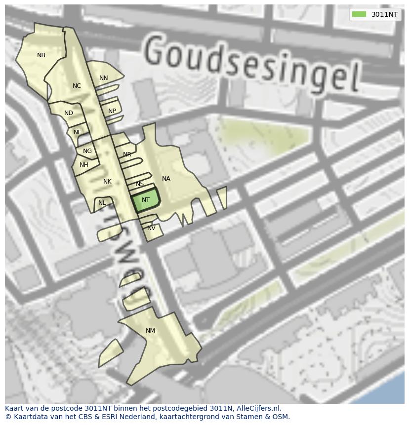Afbeelding van het postcodegebied 3011 NT op de kaart.