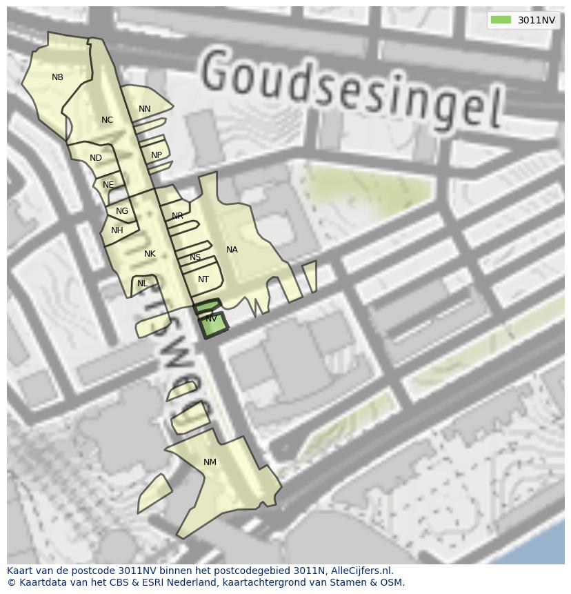 Afbeelding van het postcodegebied 3011 NV op de kaart.