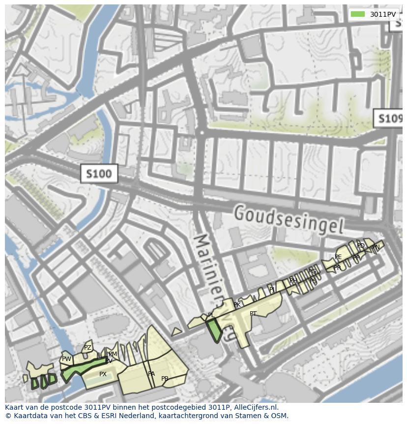 Afbeelding van het postcodegebied 3011 PV op de kaart.