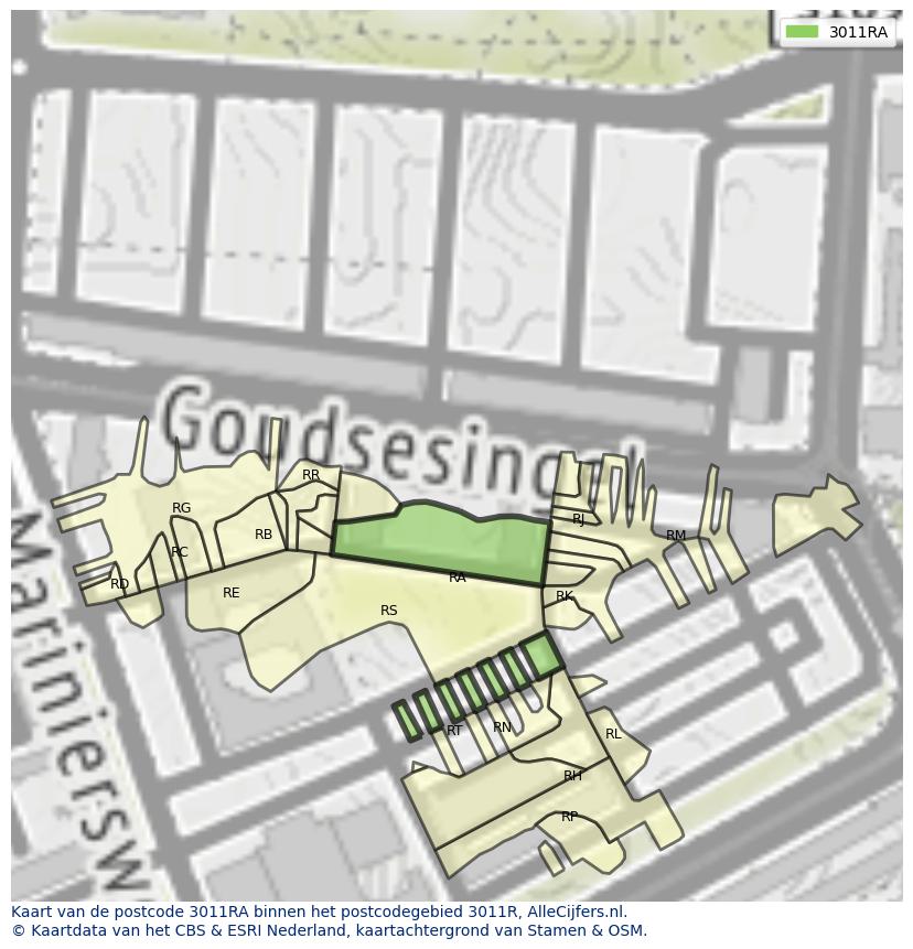 Afbeelding van het postcodegebied 3011 RA op de kaart.