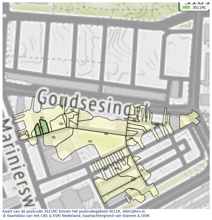 Afbeelding van het postcodegebied 3011 RC op de kaart.