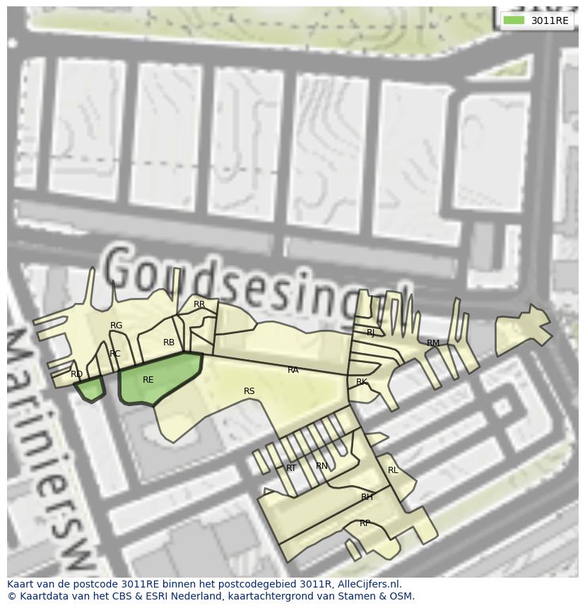 Afbeelding van het postcodegebied 3011 RE op de kaart.