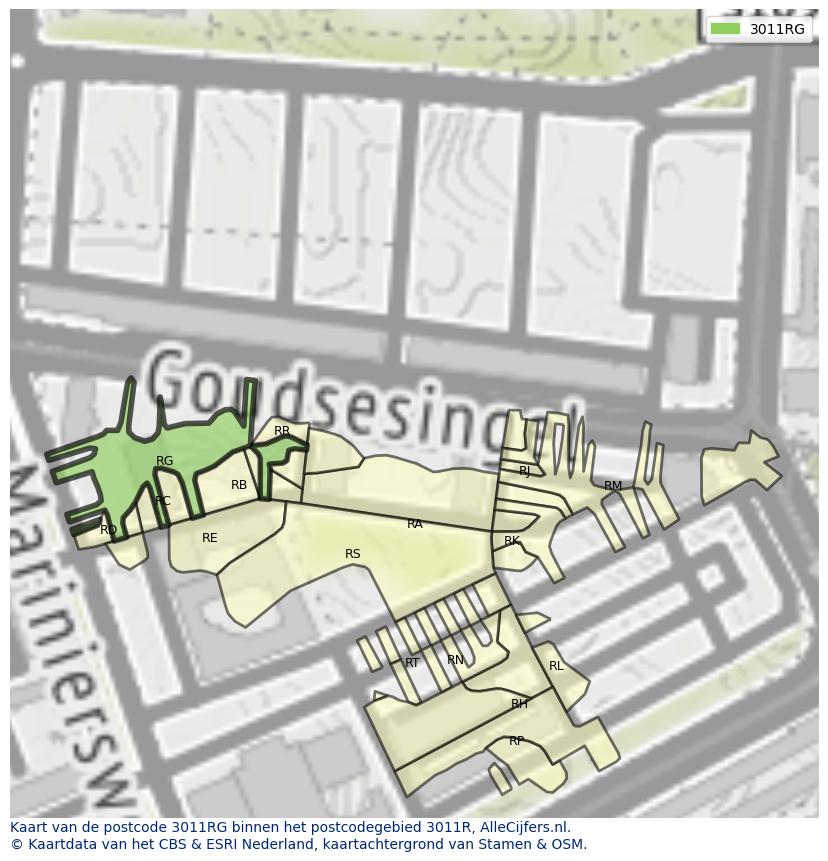Afbeelding van het postcodegebied 3011 RG op de kaart.