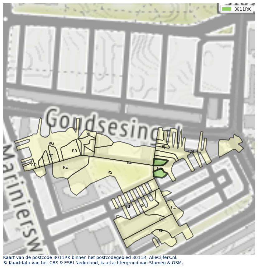 Afbeelding van het postcodegebied 3011 RK op de kaart.