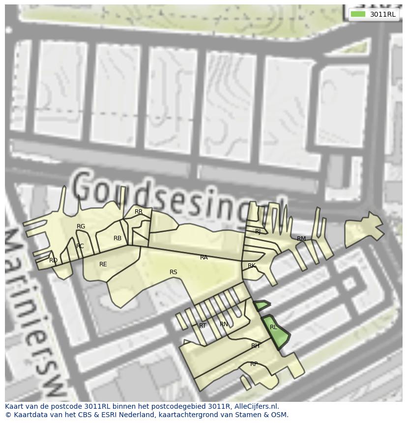 Afbeelding van het postcodegebied 3011 RL op de kaart.