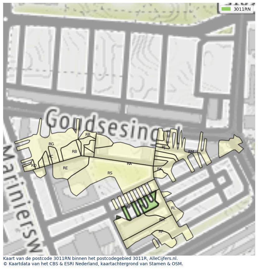 Afbeelding van het postcodegebied 3011 RN op de kaart.