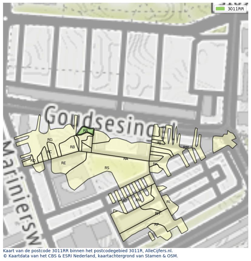 Afbeelding van het postcodegebied 3011 RR op de kaart.