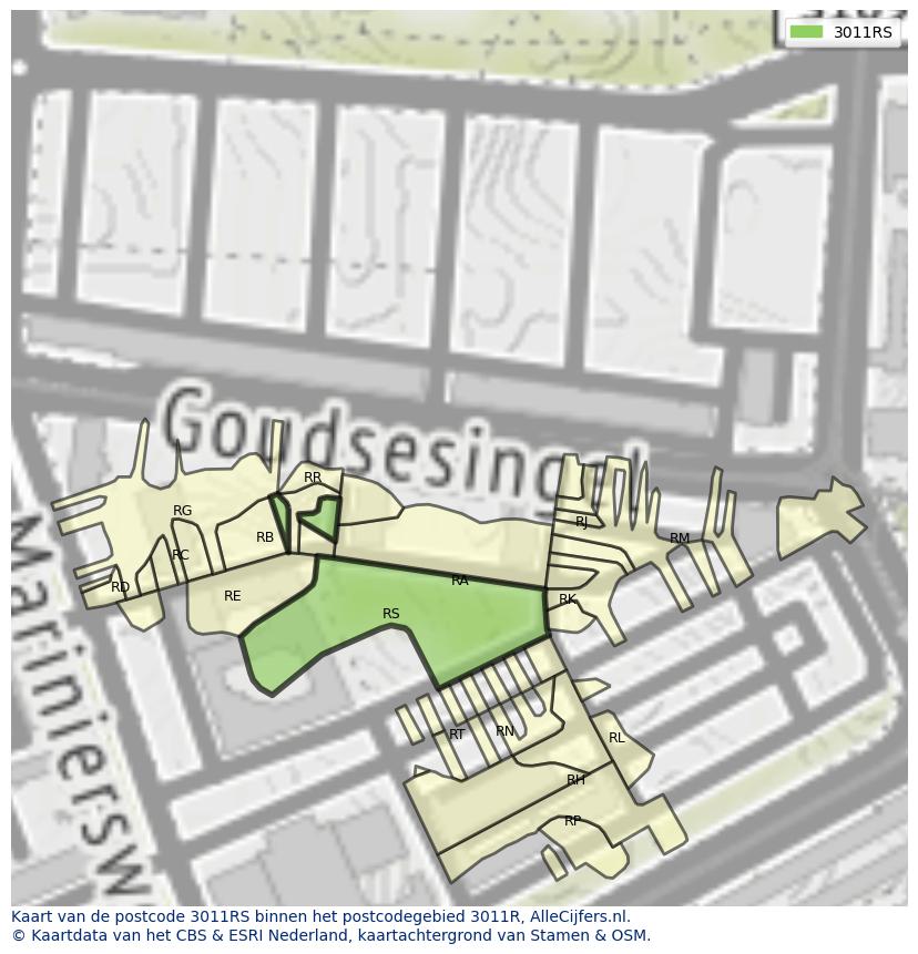 Afbeelding van het postcodegebied 3011 RS op de kaart.