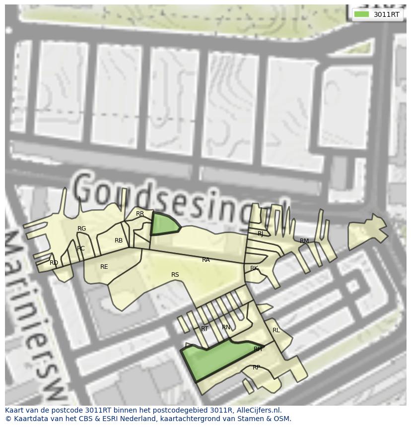 Afbeelding van het postcodegebied 3011 RT op de kaart.