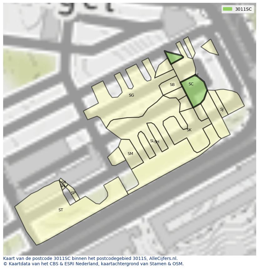 Afbeelding van het postcodegebied 3011 SC op de kaart.