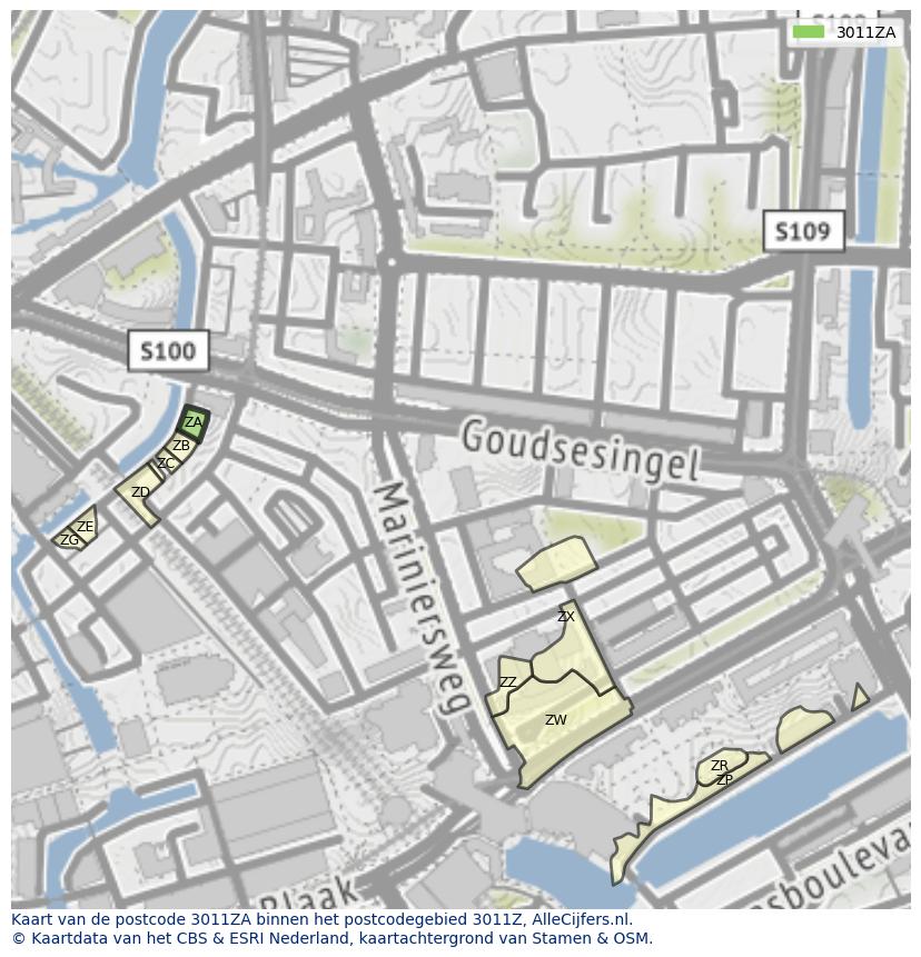 Afbeelding van het postcodegebied 3011 ZA op de kaart.