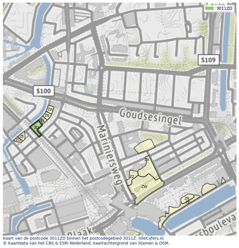 Afbeelding van het postcodegebied 3011 ZD op de kaart.
