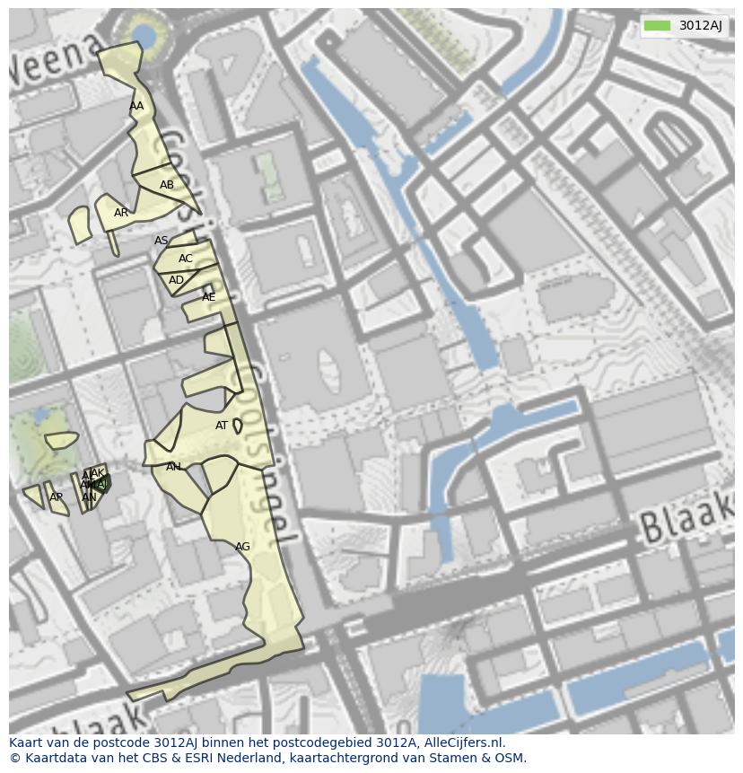 Afbeelding van het postcodegebied 3012 AJ op de kaart.