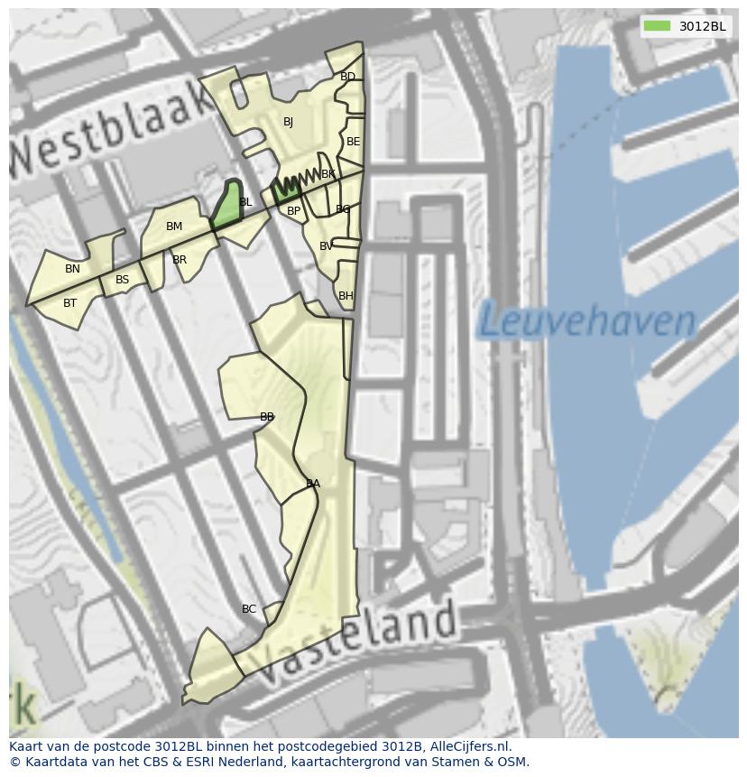 Afbeelding van het postcodegebied 3012 BL op de kaart.
