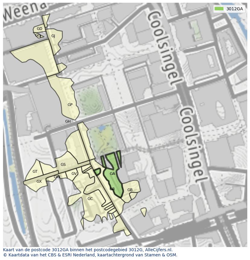 Afbeelding van het postcodegebied 3012 GA op de kaart.